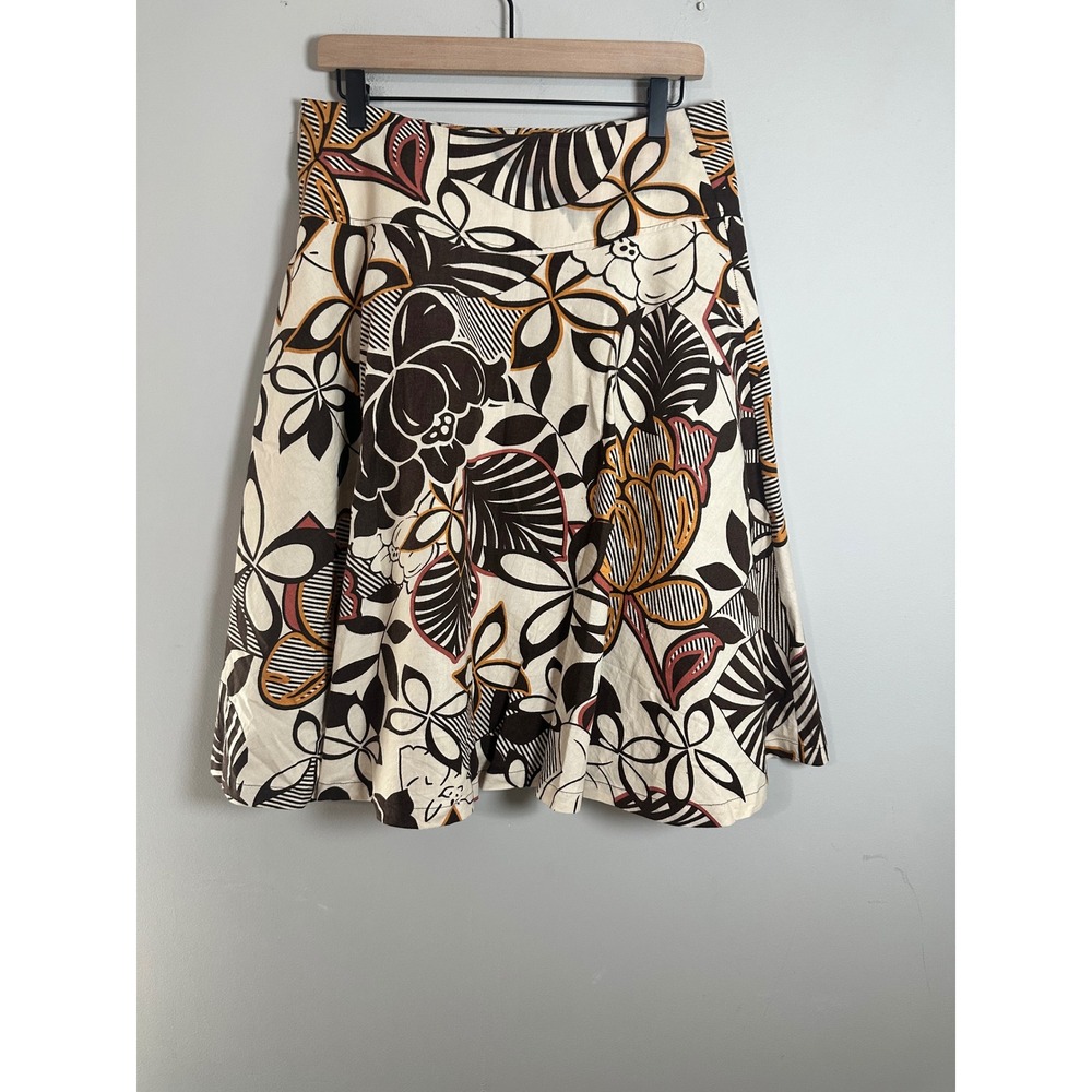 H&M Women Brown Cream Floral Linen Blend A-Line Skirt Size 8 High Waist Retro